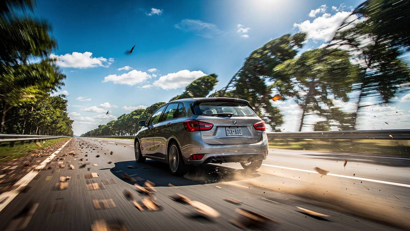 Автомобиль мчится по шоссе при сильном ветре